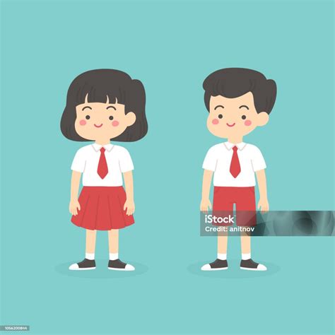 Vektor Kartun Anak Berseragam Sekolah Dasar Indonesia Ilustrasi Stok