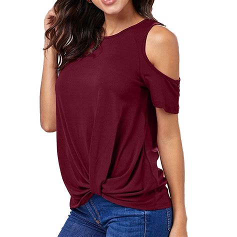 Zpanxa Summer Tops For Women Women Short Sleeve Solid Color Strappy Cold Shoulder T Shirt Tops