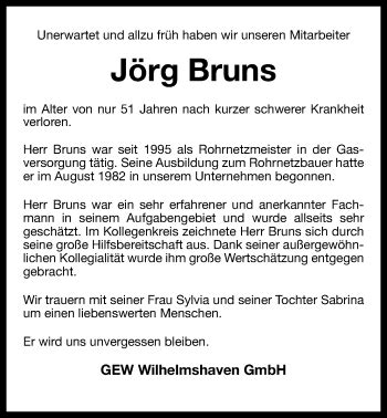 Traueranzeigen Von J Rg Bruns Nordwest Trauer De