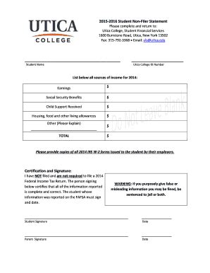 Fillable Online Utica Student Nonfiler Statement Fax Email