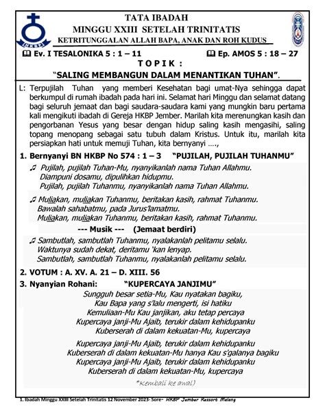 Acara Sore Minggu Xxiii Setelah Trinitatis 12 November Indonesia