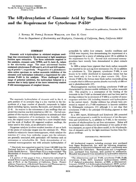 Pdf The 4 Hydroxylation Of Cinnamic Acid By Sorghum Microsomes And The Requirement For