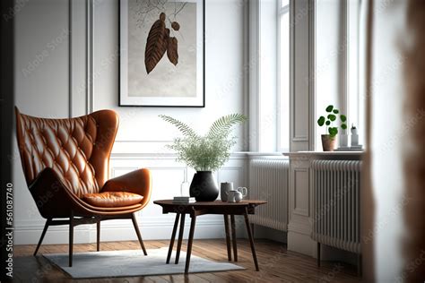 Modern Mid Century And Minimalist Interior Of Living Room Leather