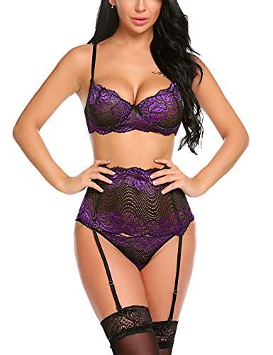 Avidlove Women Lace Lingerie Set With Garter Belts Purple Bra And Panty