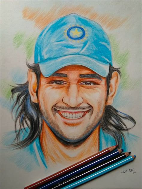 Potrait Of MS Dhoni Pencil Colour Art By Joy Das Face Art Drawing