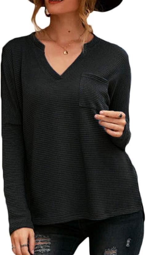 Women S Waffle Knit V Neck Pullover Sweater Long Sleeve Casual Shirts