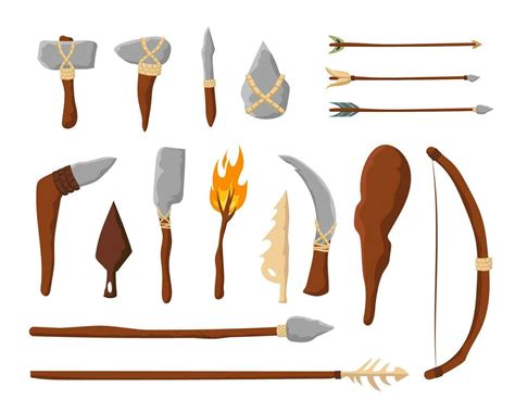 Tools And Weapons Of Stone Age Prehistoric Axes And Spears Clubs With