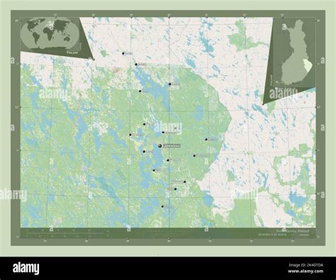 North Karelia, region of Finland. Open Street Map. Locations and names of major cities of the ...