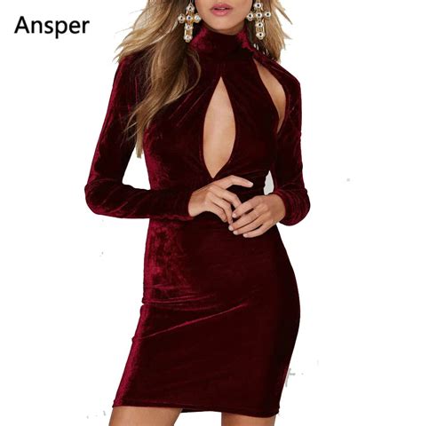 2017 Spring Christmas Women Sexy Cleavage Velvet Dress Turtleneck Long Sleeve Bodycon Dress