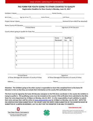 Fillable Online Ross Osu Pas Form For Youth Going To Other Counties To