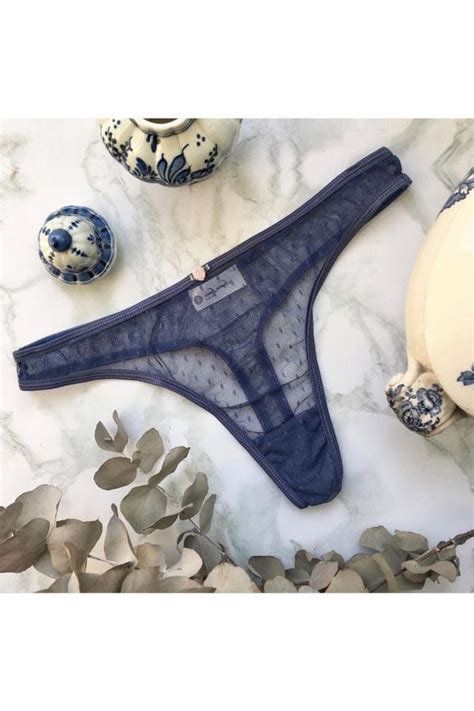 LL BLUE AND ROSE MESH THONG Lingerie Letters