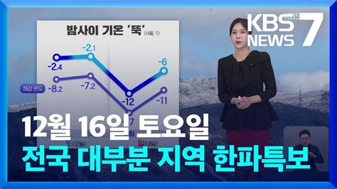 날씨 전국 대부분 지역에 한파특보내일17일까지 충청·호남 많은 눈 Kbs 20231216 Youtube