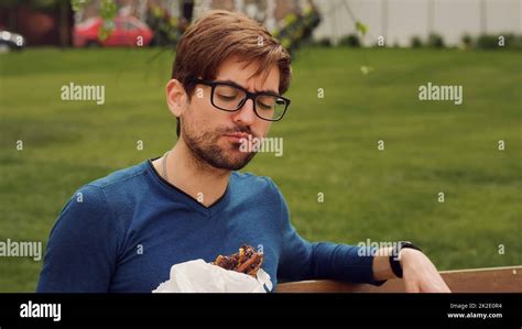 Employee Taking Break Work Eat Snack Walking Cheerful Business Man