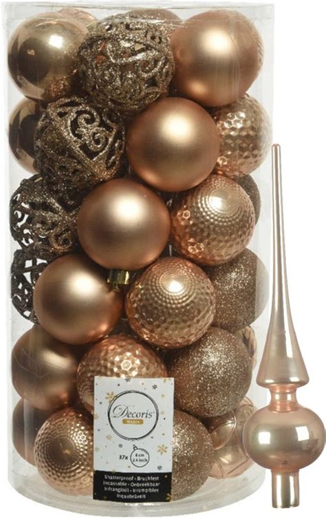 Kunststof Kerstballen D6 Cm Incl Glazen Piek Toffee Bruin Bol