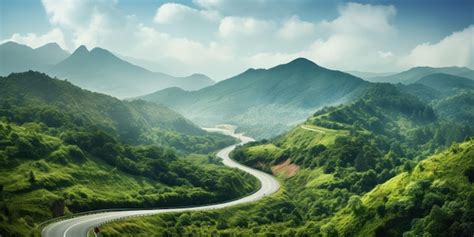 Uma estrada sinuosa corta um caminho através de montanhas verdes