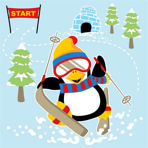 Cute Penguin Skiing Snow Land Elements Vector Cartoon Illustration