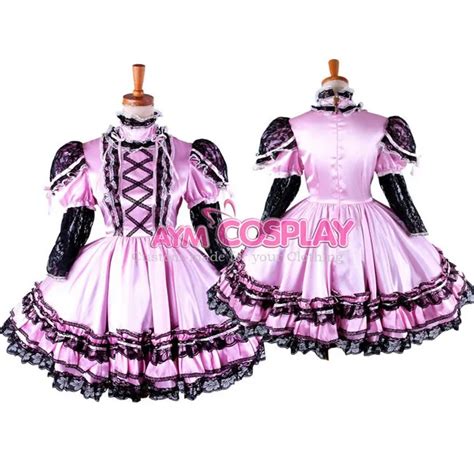 Custom Made Sexy Sissy Maid Satin Pink Dress Lockable Uniform Cosplay