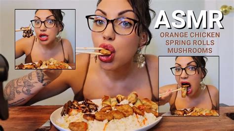 Asmr Asian Food Juicy Mushrooms Cripsy Spring Rolls Vegan Orange