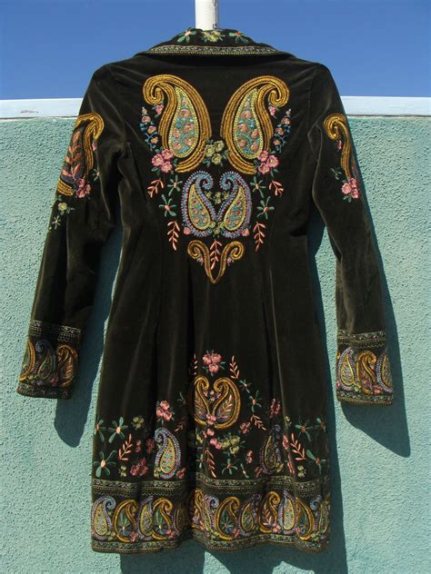 Two Ten Ten Five Boho Long Velvet Jacket Coat Elaborate Embroidery