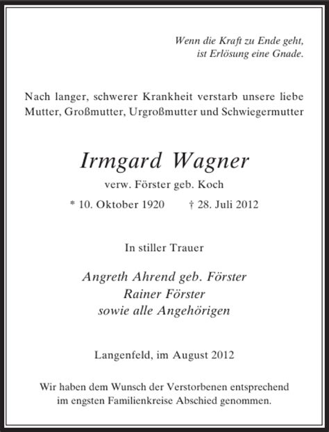 Alle Traueranzeigen F R Irmgard Wagner Trauer Rp Online De