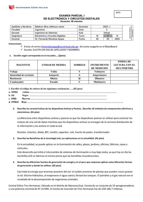 Iii B Electr Nica Y Circ Dig Nota Examen Parcial I De Electronica Y