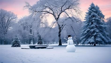 Premium Photo | Snowman in the park Winter landscape with snowman and sunset