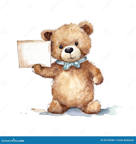 Cute Teddy Bear Holding A Blank Sign In Watercolor Design Stock