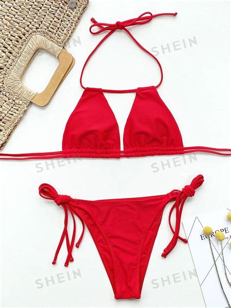 Shein Swim Conjunto De Bikini Unicolor Sujetador Tri Ngulo Halter