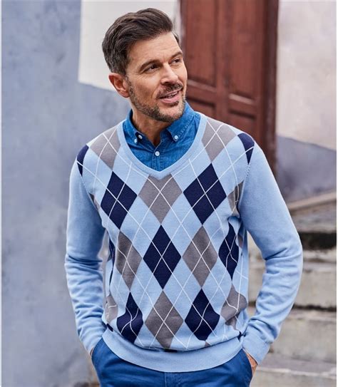 Blue Pebble Chalk Mens Argyle V Neck Sweater Woolovers Us