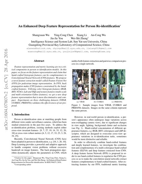 Pdf An Enhanced Deep Feature Representation For Person Re Identification