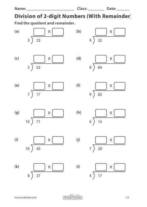 Division Worksheet For Class 2 With Remainder