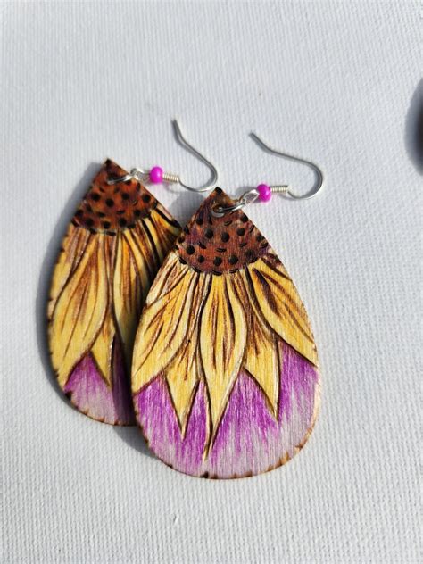 Purple And Lilac Pyrography Wood Burned Sunflower Teardrop Etsy