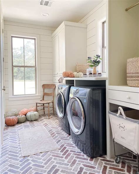 White Shiplap Laundry Room With Brick Flooring Soul Lane