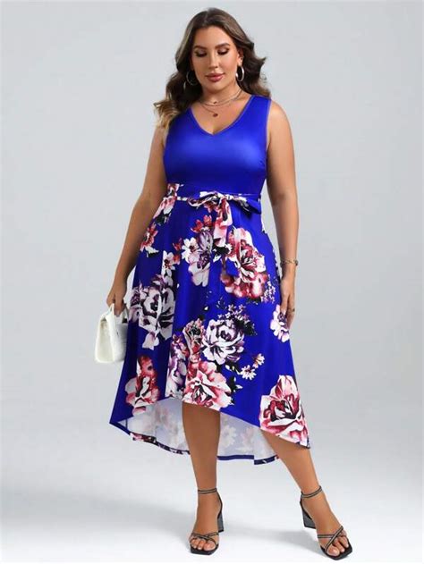 Shein Clasi Plus Floral Print High Low Hem Belted Dress Shein