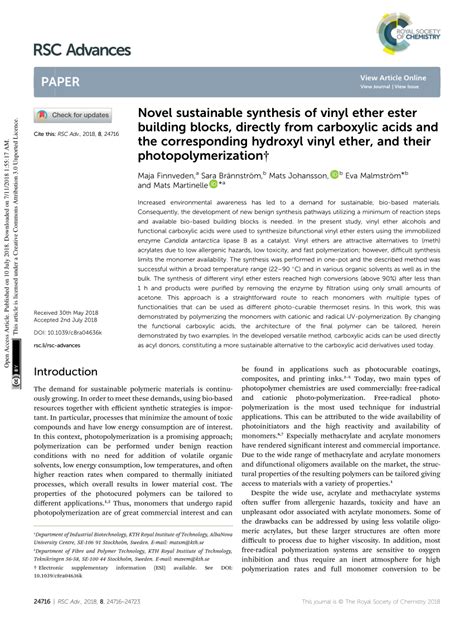 (PDF) Novel sustainable synthesis of vinyl ether ester building blocks, directly from carboxylic ...