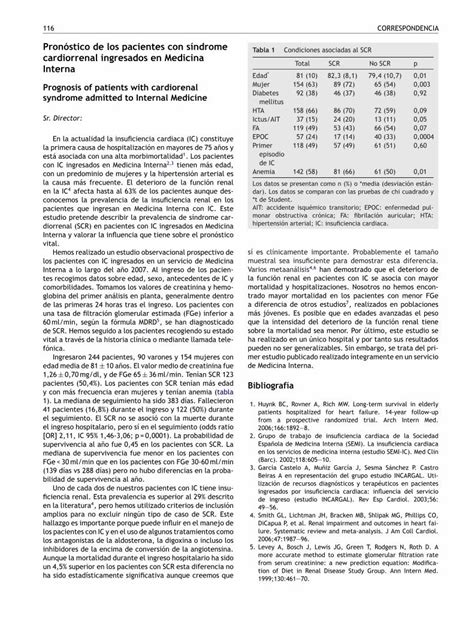 PDF Pronóstico de los pacientes con síndrome cardiorrenal ingresados