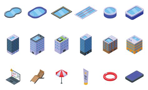 Office Swimming Pool Icons Set Isometric Vector Work Woman 24241636