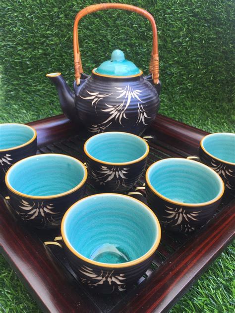 Modern Handmade Ceramic Tea Set With Bamboo Handle and Elegant - Etsy