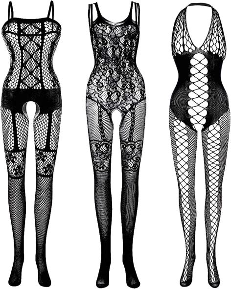 Fengek Packs Women Fishnet Bodysuits Stockings Lace Sleepwear Lingerie For Couple Dating
