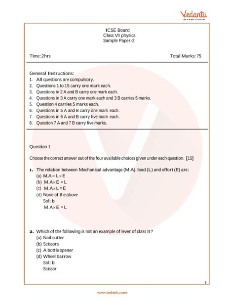 ICSE Sample Papers for Class 6 Physics Paper 2 (2022-2022)