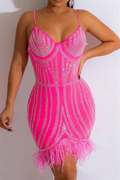 Pink Rhinestone Faux Feather Trim Mesh Sleeveless Party Dress Amiclubwear