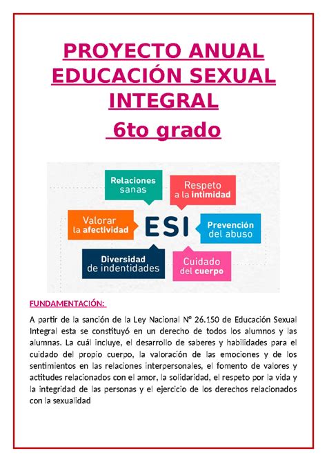 Proyecto Anual Educación Sexual Integral 6to Proyecto Anual EducaciÓn Sexual Integral 6to