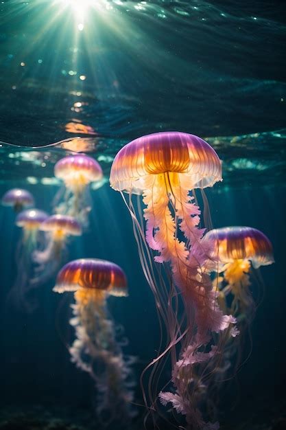 Premium Ai Image Holographic Iridescent Jellyfish And Glowing Wonders