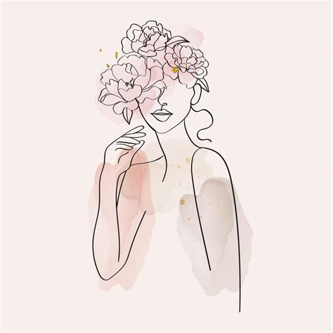 Arte Lineal De Mujeres Y Flores Ni A Con Flores Y Hojas De Dibujo