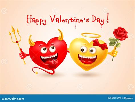 Happy Valentines Day With Devil And Angel Hearts Stock Vector Illustration Of Evil Horns