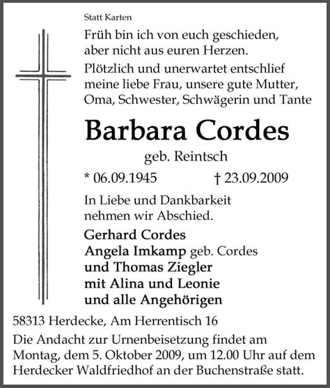 Traueranzeigen Von Barbara Cordes Trauer In Nrw De