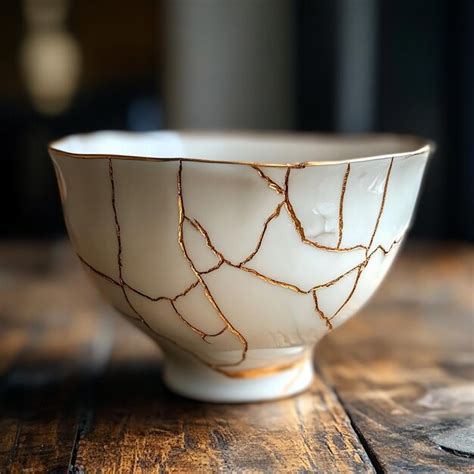 Japanese Kintsugi Bowl Cracked Line Art Pot Premium Ai Generated Image