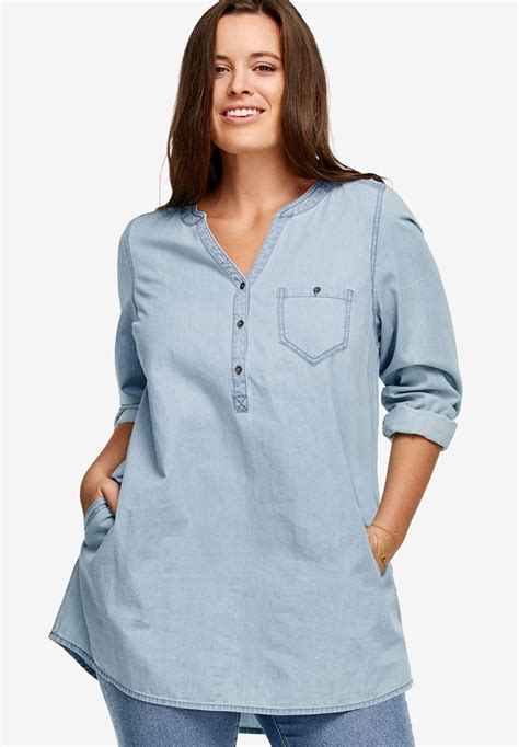 Popover Denim Henley Tunic By Ellos® Plus Size Blouses And Shirts Ellos