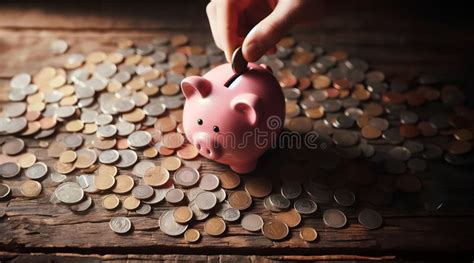 Saving Money By Adding Coin In Pig Shaped Bank Generative Ai Stock