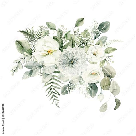 Watercolor floral composition. Hand painted white flowers, forest ...